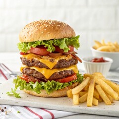 Delicious Cheeseburger with Crispy French Fries on a Plate – Fresh Hot Fast Food Meal with Steam