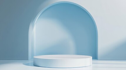 3D white geometric forms. Box podium in blue color. Minimal scene for product display.