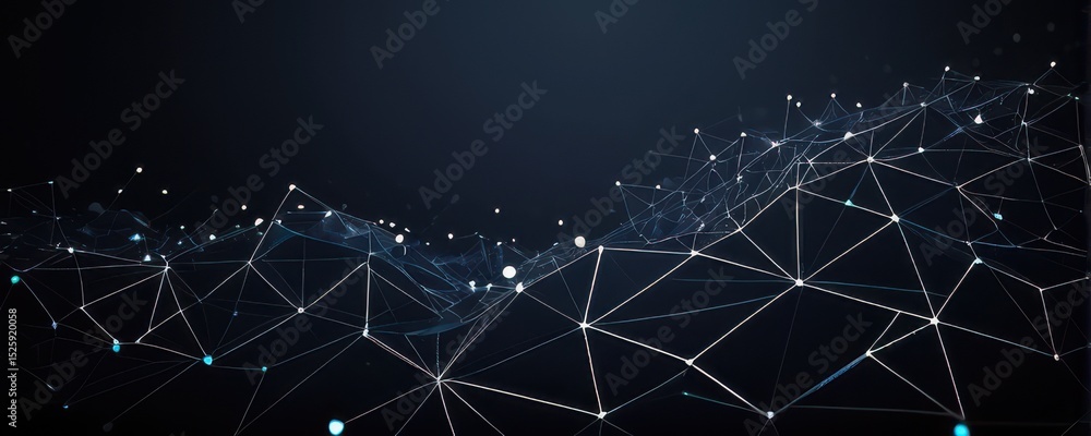 Poster abstract digital network glowing white dots and lines on dark background