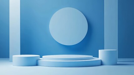 3D white geometric forms. Box podium in blue color. Minimal scene for product display.
