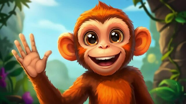 Cartoon Monkey Waving Hand in Jungle Animation