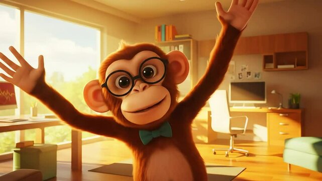 Cartoon Monkey Character Waving Hands in Bright Office Space