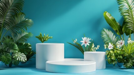 3D white geometric forms. Box podium in blue color. Minimal scene for product display.