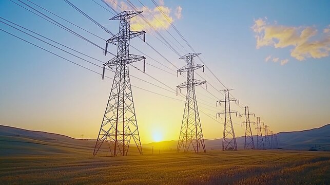 Sunset illuminates tall electricity pylons stretching across a vast, golden field, backed by rolling hills
