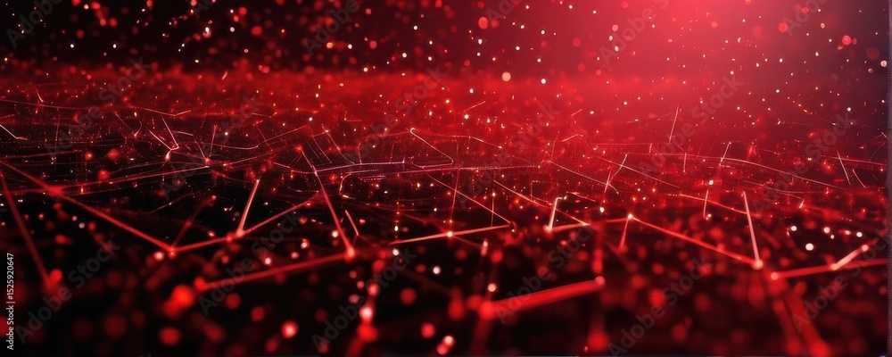 Poster abstract red network background with glowing particles and bokeh lights