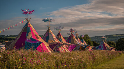 Tipi Village in Wildflower Meadow with Patchwork Tents and Wind Art at Glastonbury