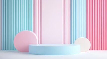 3D white geometric forms. Box podium in blue color. Minimal scene for product display.