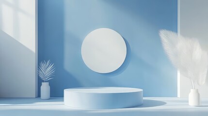 3D white geometric forms. Box podium in blue color. Minimal scene for product display.