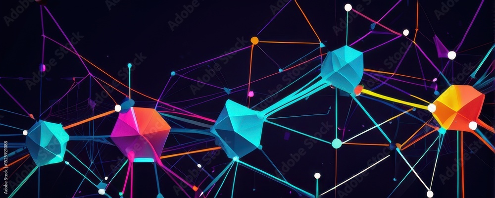Poster dynamic network of glowing polygonal shapes in vibrant colors