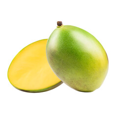 Ripe green mango halved showing yellow flesh isolated on transparent background
