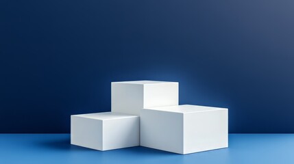 3D white geometric forms. Box podium in blue color. Minimal scene for product display.