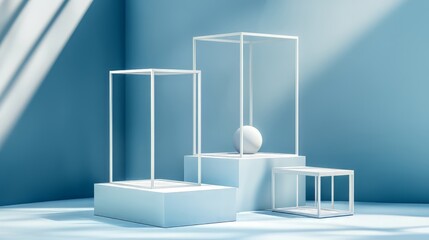 3D white geometric forms. Box podium in blue color. Minimal scene for product display.