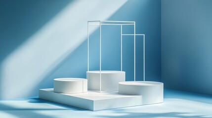 3D white geometric forms. Box podium in blue color. Minimal scene for product display.