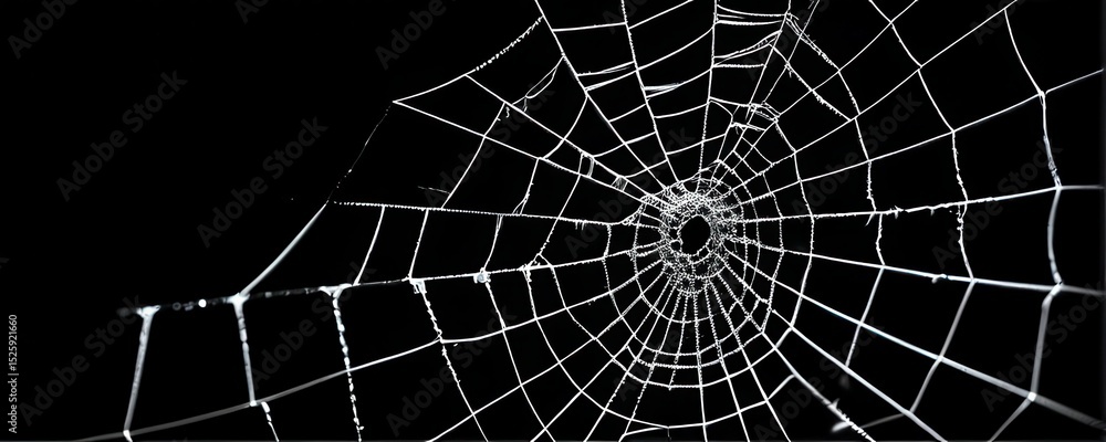 Poster intricate spiderweb close up monochrome geometric pattern on black background