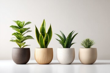 Fototapeta premium Three potted houseplants against a light background.