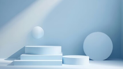 3D white geometric forms. Box podium in blue color. Minimal scene for product display.