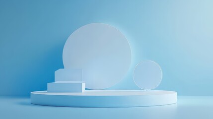 3D white geometric forms. Box podium in blue color. Minimal scene for product display.