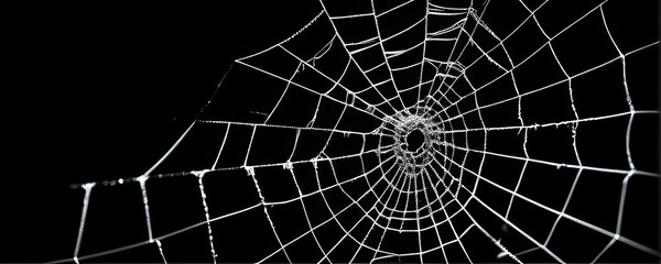 Obraz premium Intricate Spiderweb Close Up Monochrome Geometric Pattern on Black Background