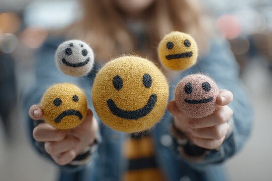 Hands holding floating emoji