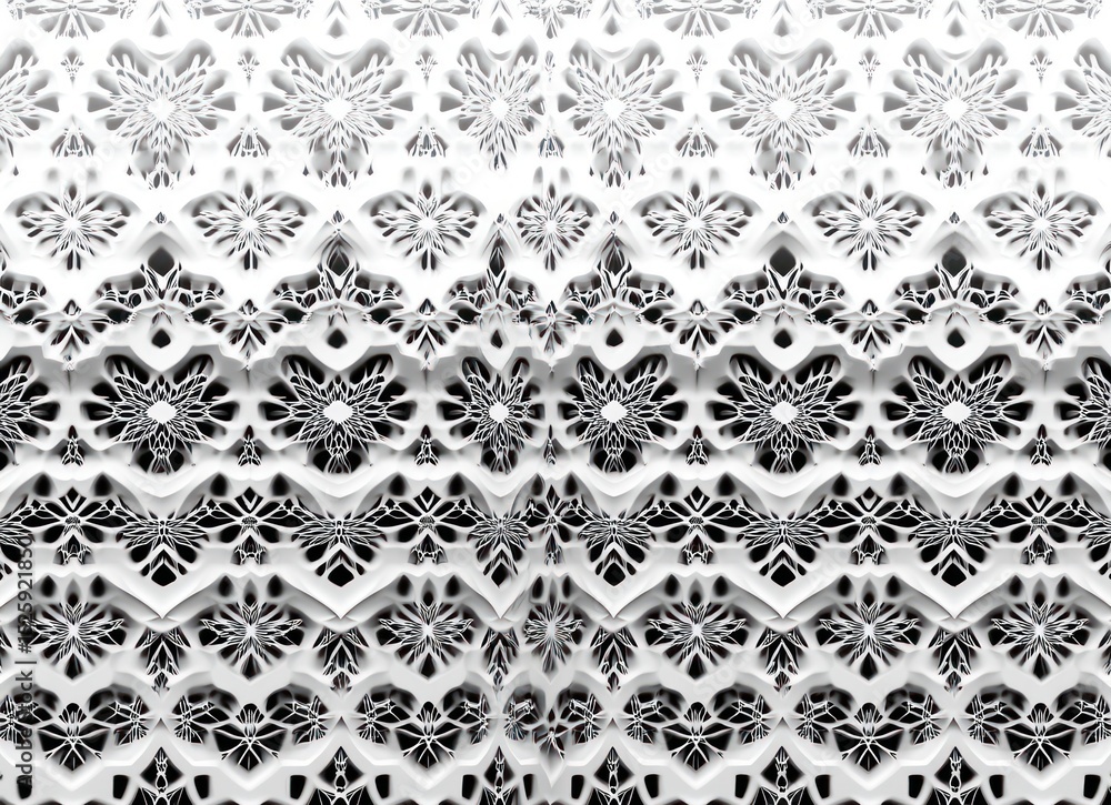 Poster close-up of intricate white and black ornamental pattern with floral and geometric designs creating 
