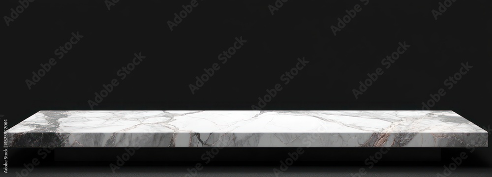 Poster rectangular polished marble slab with white background and grey veins floating on black background w