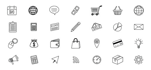 A collection of hand drawn vector icons depicting various business and finance related symbols and concepts