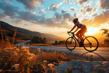 Fototapeta premium Biker traverses scenic road during sunset in tranquil countryside setting
