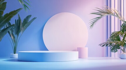 3D white geometric forms. Box podium in blue color. Minimal scene for product display.