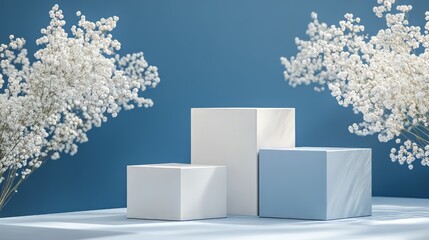 3D white geometric forms. Box podium in blue color. Minimal scene for product display.