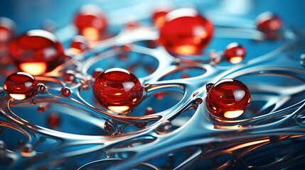 Red droplets resting on a blue surface create an intricate network of liquid structures under soft light