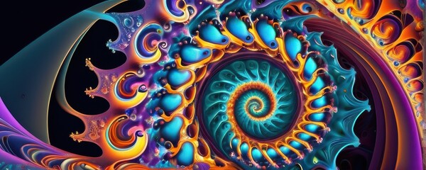 Vibrant Teal And Orange Fractal Spiral Abstract Art