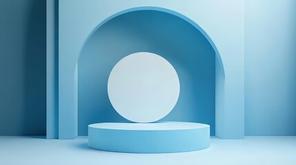 3D white geometric forms. Box podium in blue color. Minimal scene for product display.