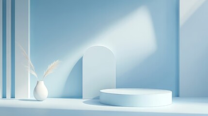 3D white geometric forms. Box podium in blue color. Minimal scene for product display.