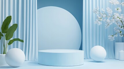3D white geometric forms. Box podium in blue color. Minimal scene for product display.