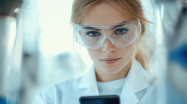 Close-up portrait of a focused female scientist wearing protective goggles and a white lab coat in a laboratory setting - Powered by Adobe