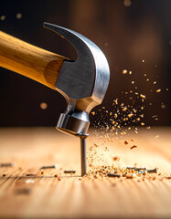 Hammer Hitting Nail in Wood with Dust Cloud