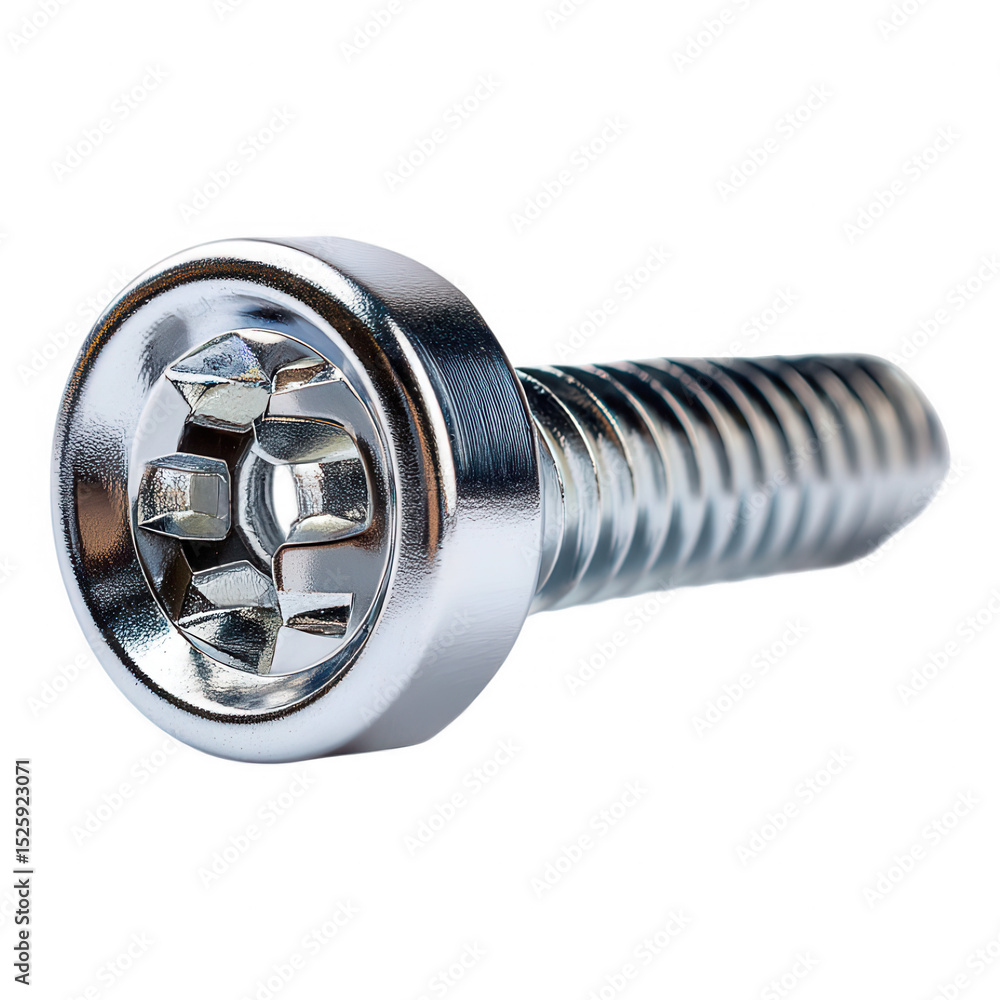 Poster close up view of a shiny chrome screw with a unique head design perfect for industrial or mechanical