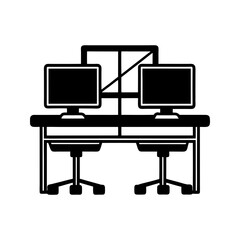 Silhouette of two computers desk setup vector illustration isolated on a transparent background