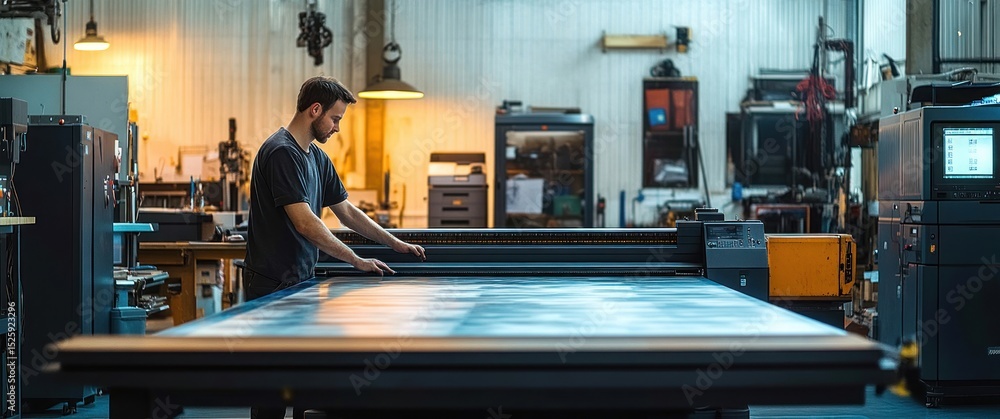 Poster man operating large industrial printing machine in a spacious workshop with focused and attentive ex