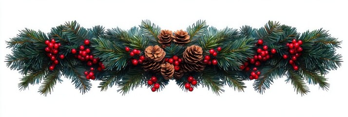 Festive green pine garland decorated with bright red berries and natural brown pine cones on a white background conveying holiday cheer