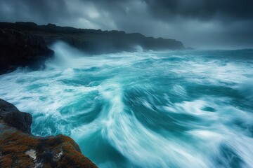 turbulent turquoise ocean waves crashing against rocky coastline under dark stormy sky