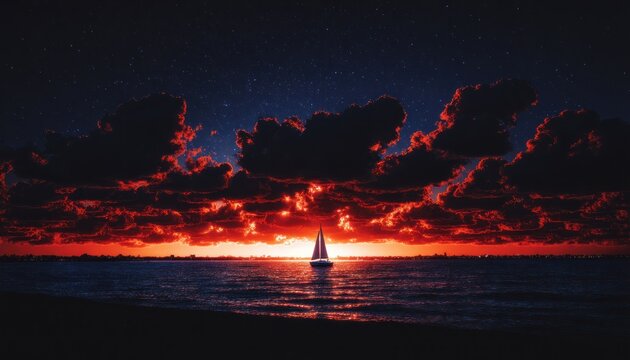 A sailboat on a fiery sunset sea at night - Powered by Adobe