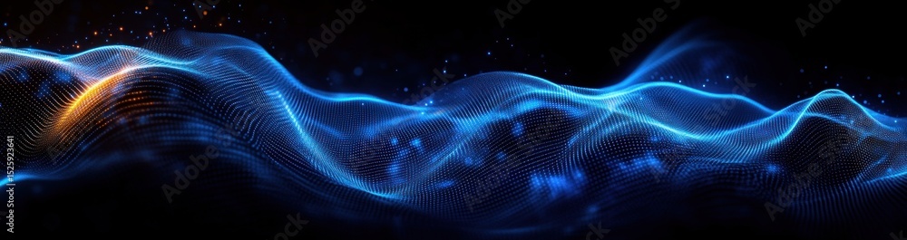 Poster abstract digital wave landscape composed of glowing blue and orange dots and lines on a dark backgro
