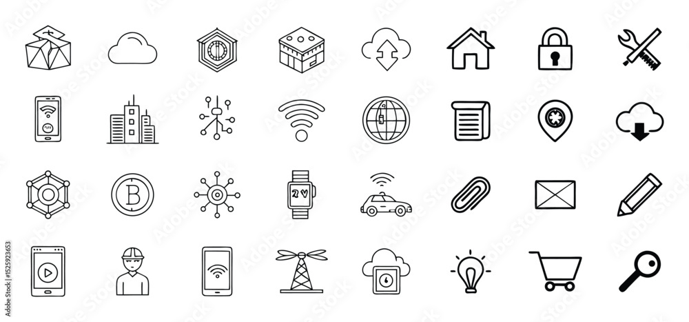 Poster a collection of modern outline icons representing technology internet and connectivity concepts for 