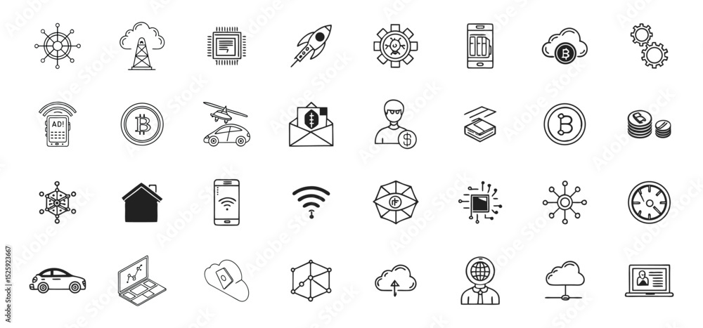 Poster a collection of modern technology and cryptocurrency related vector icons for various digital applic