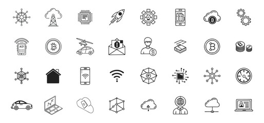 A collection of modern technology and cryptocurrency related vector icons for various digital applications and concepts.