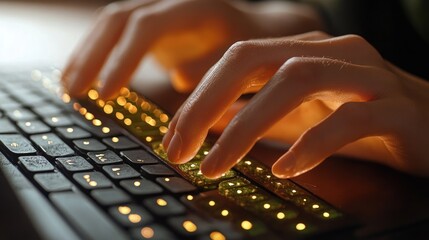 Close-up of hands typing on an illuminated keyboard with soft warm lighting creating a focused and productive atmosphere