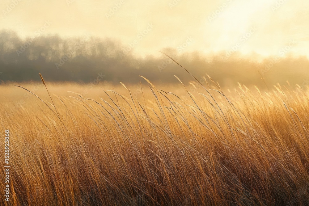 Poster golden tall grass gently swaying in the sunlight with a soft misty background of blurred trees creat