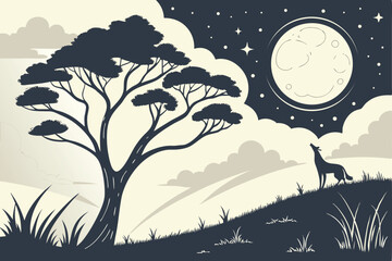 Nighttime Landscape with Full Moon and Clouds serene illustration landscape night featuring full moon clouds trees hill night landscape moonlit scene full moon clouds trees