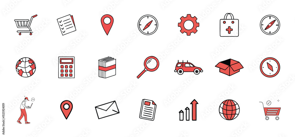 Poster a collection of red and white hand drawn icons representing various business and global concepts